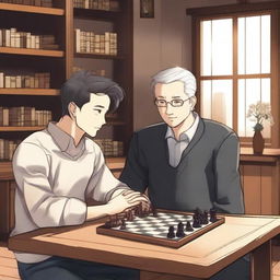 A manhwa-style scene featuring two people playing chess