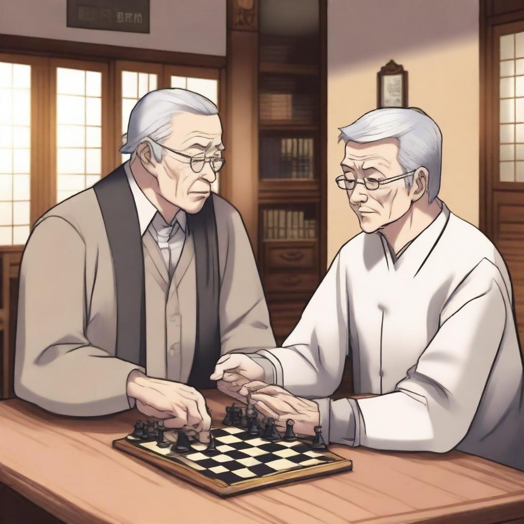 A detailed manhwa-style scene featuring two people playing chess