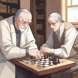 A detailed manhwa-style scene featuring two people playing chess