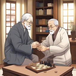 A detailed manhwa-style scene featuring two people playing chess