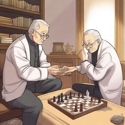 A detailed manhwa-style scene featuring two people playing chess