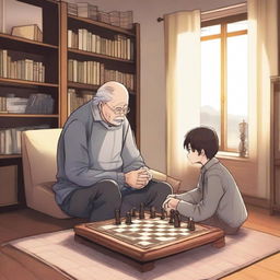 A manhwa-style scene featuring a grandfather and a teenager engaged in an intense game of chess