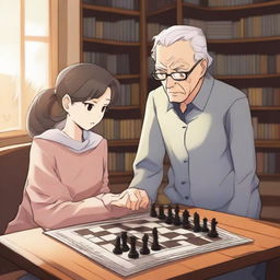 A manhwa-style scene featuring a grandfather and a teenager engaged in an intense game of chess