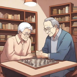 A manhwa-style scene featuring a grandfather and a teenager engaged in an intense game of chess