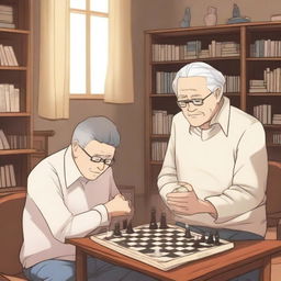 A manhwa-style scene featuring a grandfather and a teenager engaged in an intense game of chess