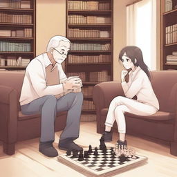 A manhwa-style scene featuring a grandfather and a teenager playing chess