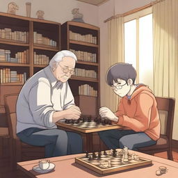 A manhwa-style scene featuring a grandfather and a teenager playing chess