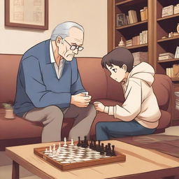 A manhwa-style scene featuring a grandfather and a teenager playing chess