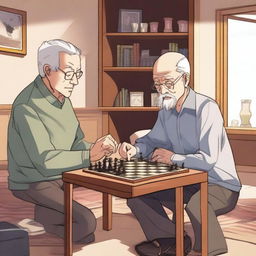 A manhwa-style scene featuring a grandfather and a teenager playing chess