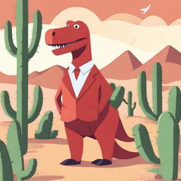 A detailed image of the Google Dinosaur wearing a red suit, standing in a desert environment with cacti in the background