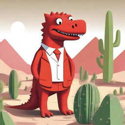 A detailed image of the Google Dinosaur wearing a red suit, standing in a desert environment with cacti in the background