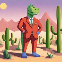 A detailed image of the Google Dinosaur wearing a red suit, standing in a desert environment with cacti in the background