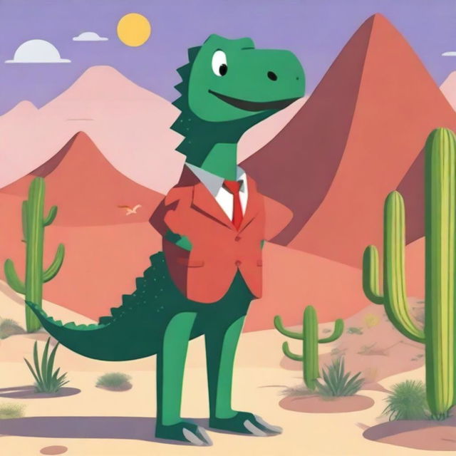 A detailed image of the Google Dinosaur wearing a red suit, standing in a desert environment with cacti in the background