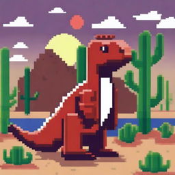 A pixel art image of the Google Dinosaur wearing a red suit, standing in a desert environment with cacti in the background