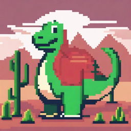 A pixel art image of the Google Dinosaur wearing a red suit, standing in a desert environment with cacti in the background