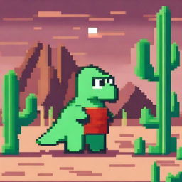 A pixel art image of the Google Dinosaur wearing a red suit, standing in a desert environment with cacti in the background