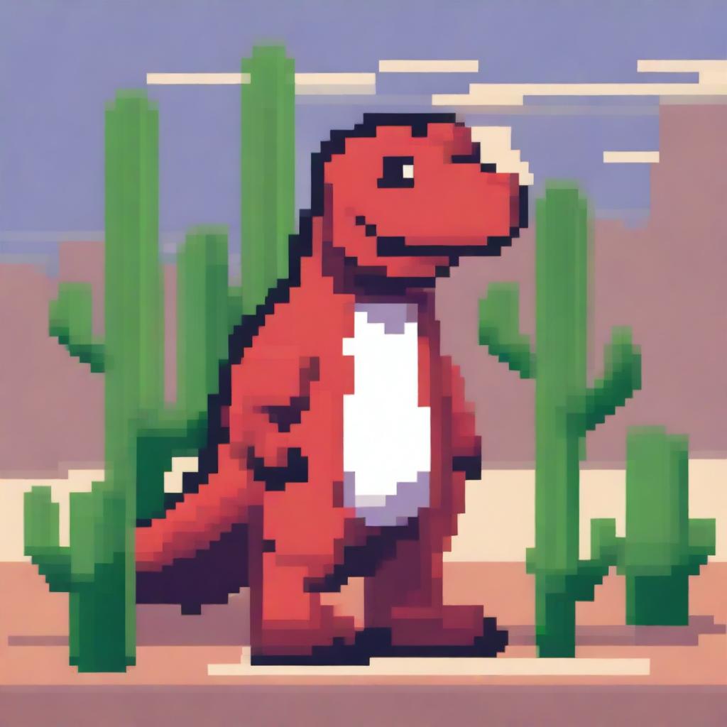 A pixel art image of the Google Dinosaur wearing a red suit, standing in a desert environment with cacti in the background