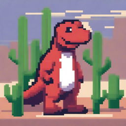 A pixel art image of the Google Dinosaur wearing a red suit, standing in a desert environment with cacti in the background