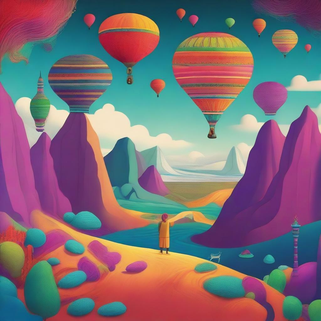 An imaginative and adventurous scene depicting a character named Babu Raja Penyelundup exploring a surreal, dream-like landscape that transcends borders