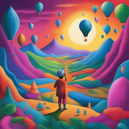 An imaginative and adventurous scene depicting a character named Babu Raja Penyelundup exploring a surreal, dream-like landscape that transcends borders