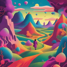 An imaginative and adventurous scene depicting a character named Babu Raja Penyelundup exploring a surreal, dream-like landscape that transcends borders