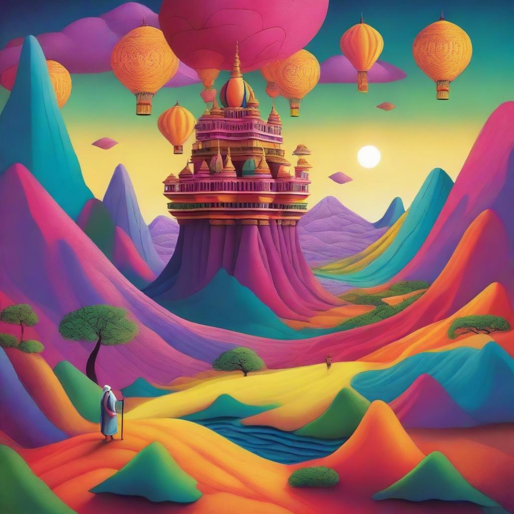 An imaginative and adventurous scene depicting a character named Babu Raja Penyelundup exploring a surreal, dream-like landscape that transcends borders