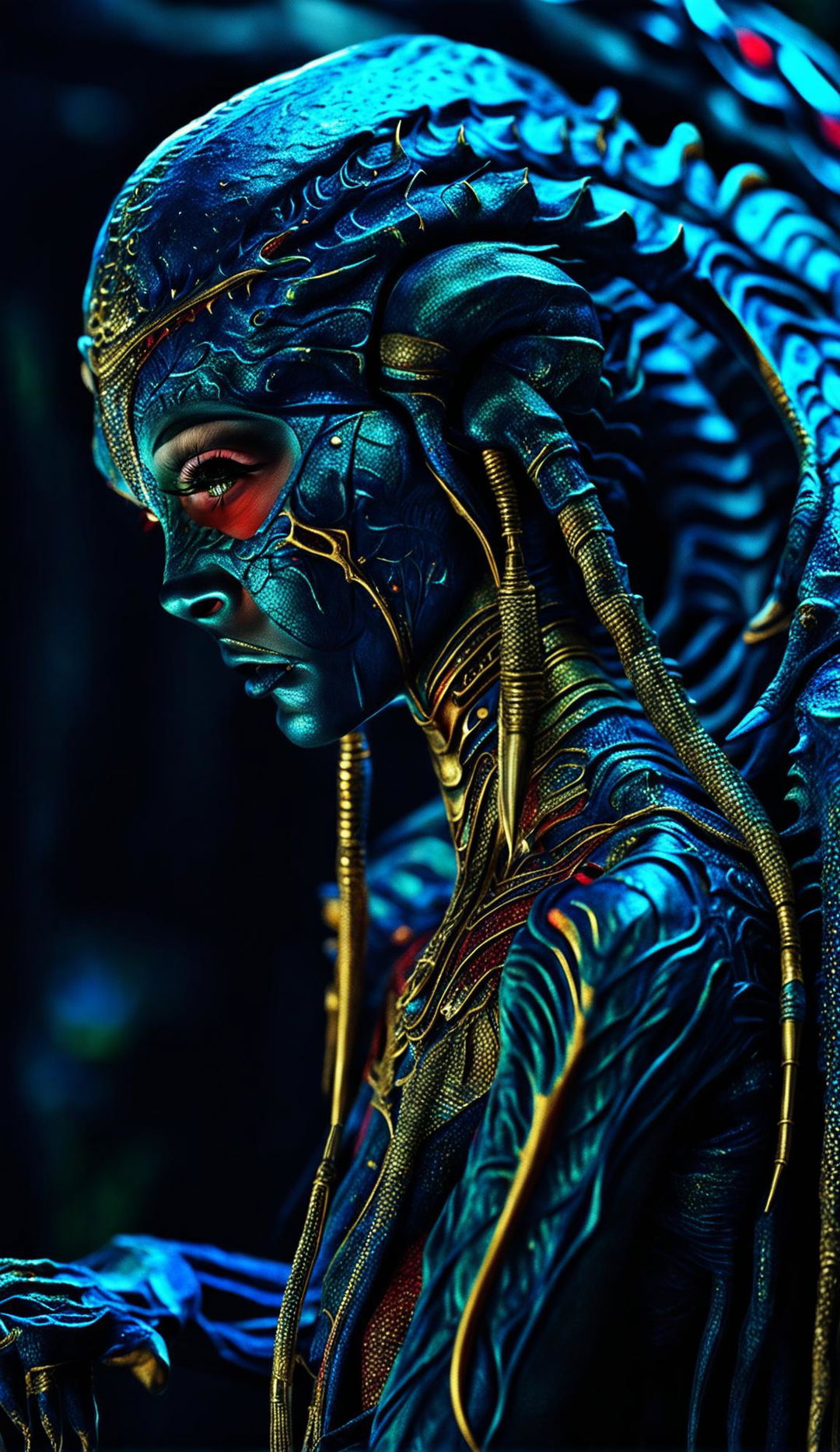 A beautiful alien with humanoid features, red irises, midnight-blue dragon-like skin, gold eyelashes and lips is captured in a side profile. Her hair is made of peacock feathers and golden veins are visible beneath her skin. Rubies are embedded in her elongated head and her fingers are gold and white. She has extremely sharp high cheekbones.