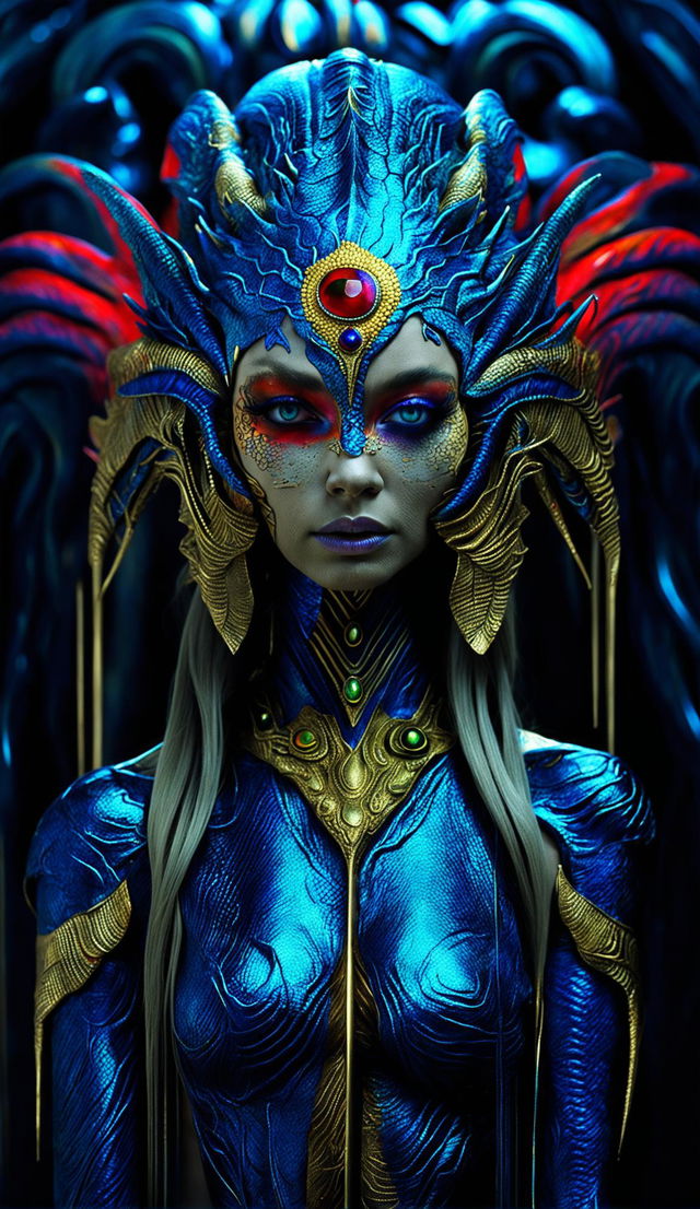 A beautiful alien with humanoid features, red irises, midnight-blue dragon-like skin, gold eyelashes and lips is captured in a symmetrical pose. Her hair is made of peacock feathers and golden veins are visible beneath her skin. Rubies are embedded in her skin to form a crown and patterns trailing down her neck. Her fingers are gold and white. She has extremely sharp high cheekbones.