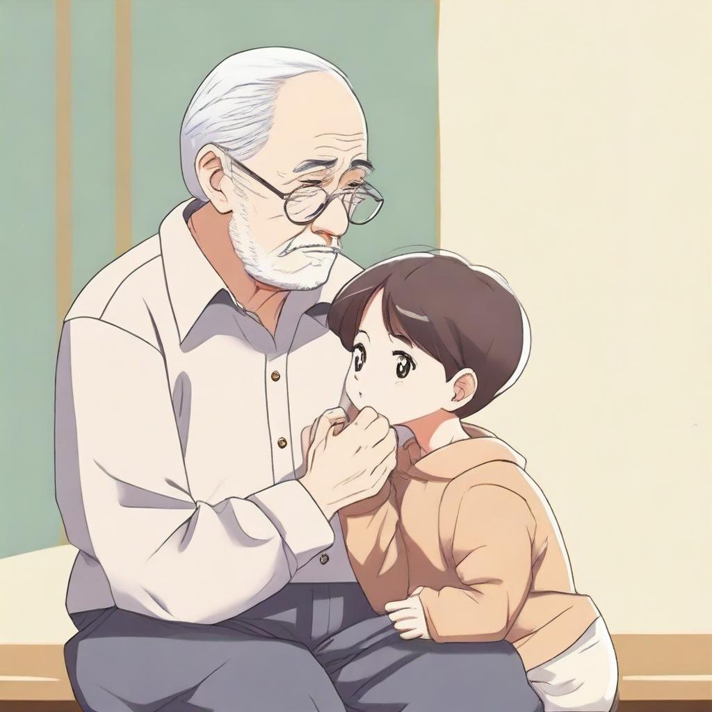 Create an illustration in manhwa style of a child and a grandfather looking at each other