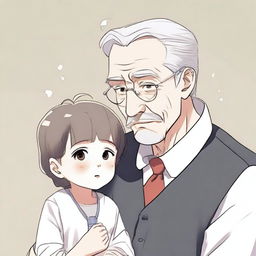 Create an illustration in manhwa style of a child and a grandfather looking at each other