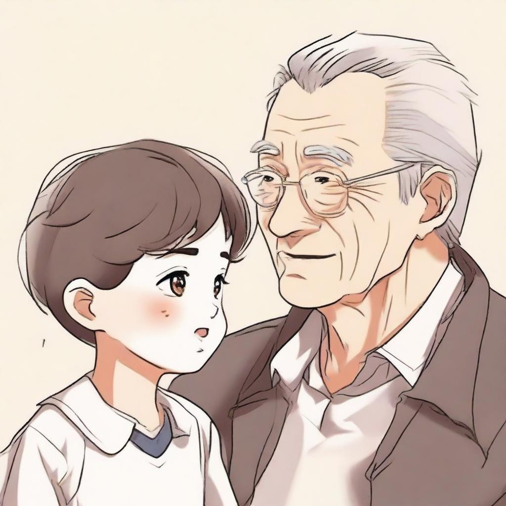 Create an illustration in manhwa style of a child and a grandfather looking at each other