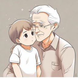 Create an illustration in manhwa style of a child and a grandfather looking at each other