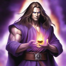 A white-skinned sorcerer with long hair, wearing a brown sleeveless tunic and a black leather belt