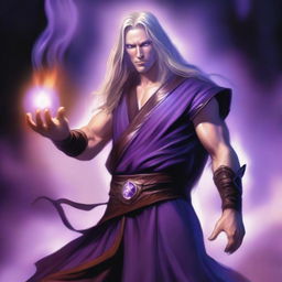 A white-skinned sorcerer with long hair, wearing a brown sleeveless tunic and a black leather belt