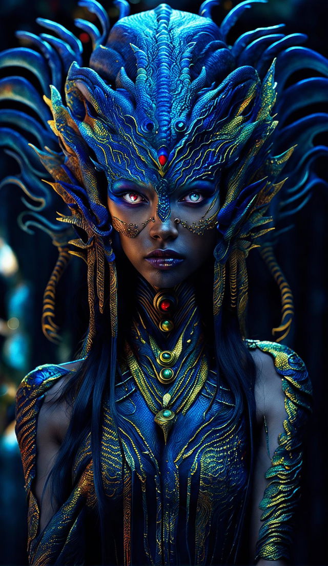 A beautiful alien with humanoid features, ruby-red irises, large eyes with dilated pupils, midnight-blue dragon-like skin, gold eyelashes and lips is captured in a symmetrical pose. Her hair is made of peacock feathers and golden veins are visible beneath her skin. Rubies are embedded in her skin to form a crown and patterns trailing down her neck. Her fingers are gold and white. She has extremely sharp high cheekbones.