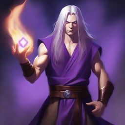 A white-skinned sorcerer with long hair, wearing a brown sleeveless tunic and a black leather belt