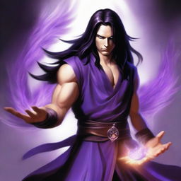 A white-skinned sorcerer with long dark hair, wearing a brown sleeveless tunic and a black leather belt