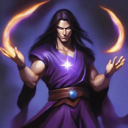 A white-skinned sorcerer with long dark hair, wearing a brown sleeveless tunic and a black leather belt