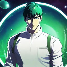 A male human galactic citizen with black and green hair, wearing a white shirt