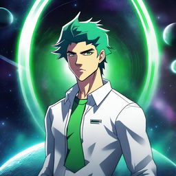 A male human galactic citizen with black and green hair, wearing a white shirt