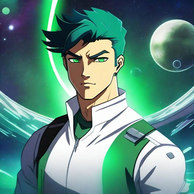 A male human galactic citizen with black and green hair, wearing a white shirt