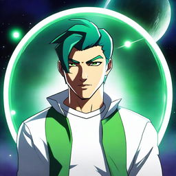 A male human galactic citizen with black and green hair, wearing a white shirt