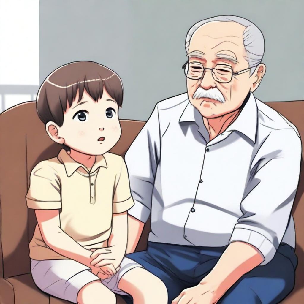 Create an illustration in manhwa style of a child and a grandfather looking at each other from separate chairs