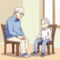 Create an illustration in manhwa style of a child and a grandfather looking at each other from separate chairs