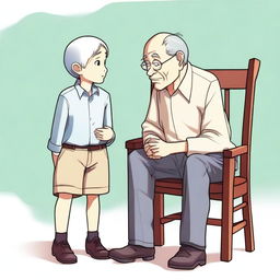 Create an illustration in manhwa style of a child and a grandfather looking at each other from separate chairs