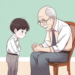 Create an illustration in manhwa style of a child and a grandfather looking at each other from separate chairs