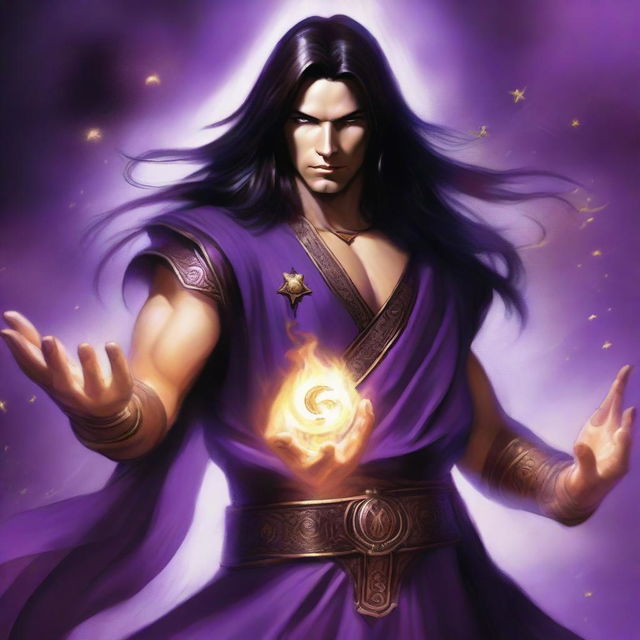 A white-skinned sorcerer with long dark hair, wearing a brown sleeveless tunic and a black leather belt