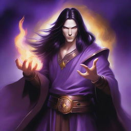 A white-skinned sorcerer with long dark hair, wearing a brown sleeveless tunic and a black leather belt