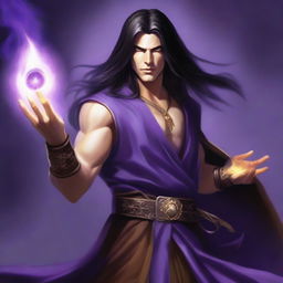 A white-skinned sorcerer with long dark hair, wearing a brown sleeveless tunic and a black leather belt