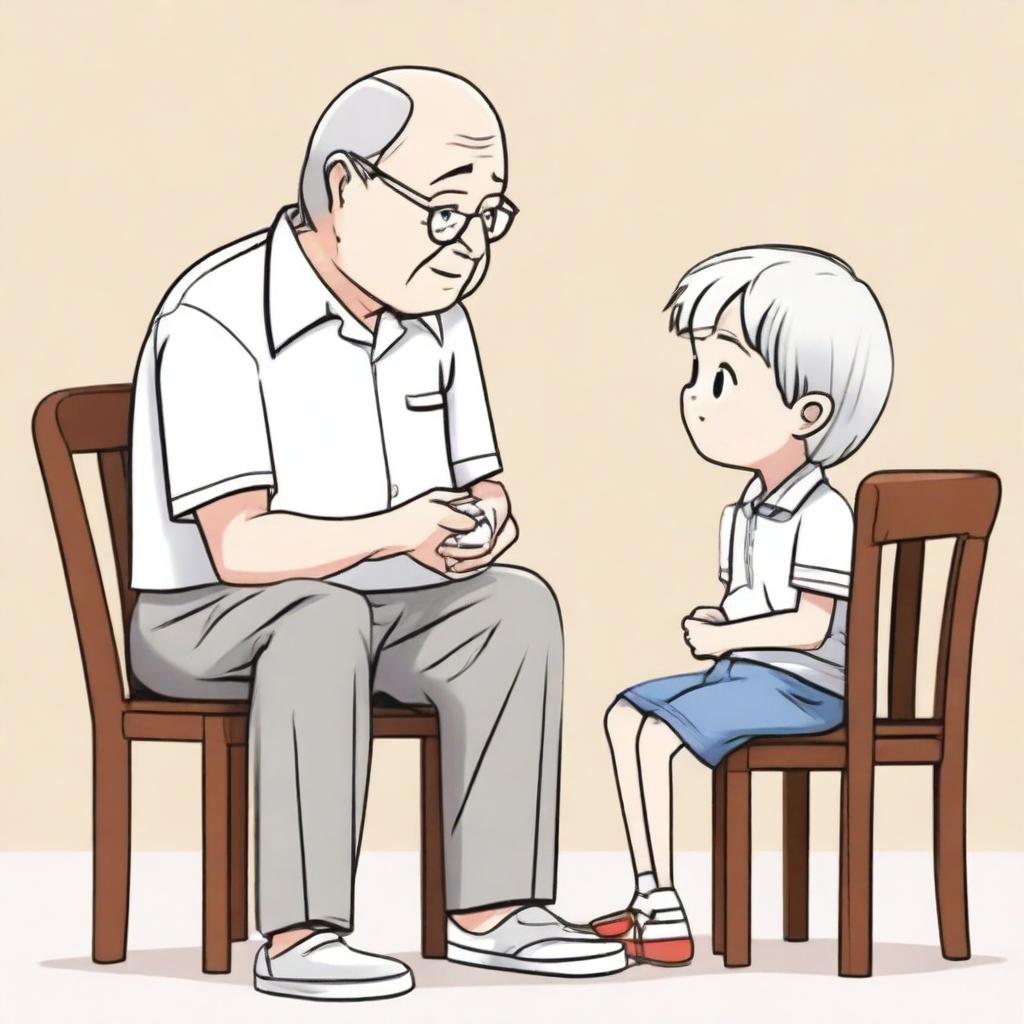 Create a manhwa-style illustration of a child and grandfather looking at each other from separate chairs